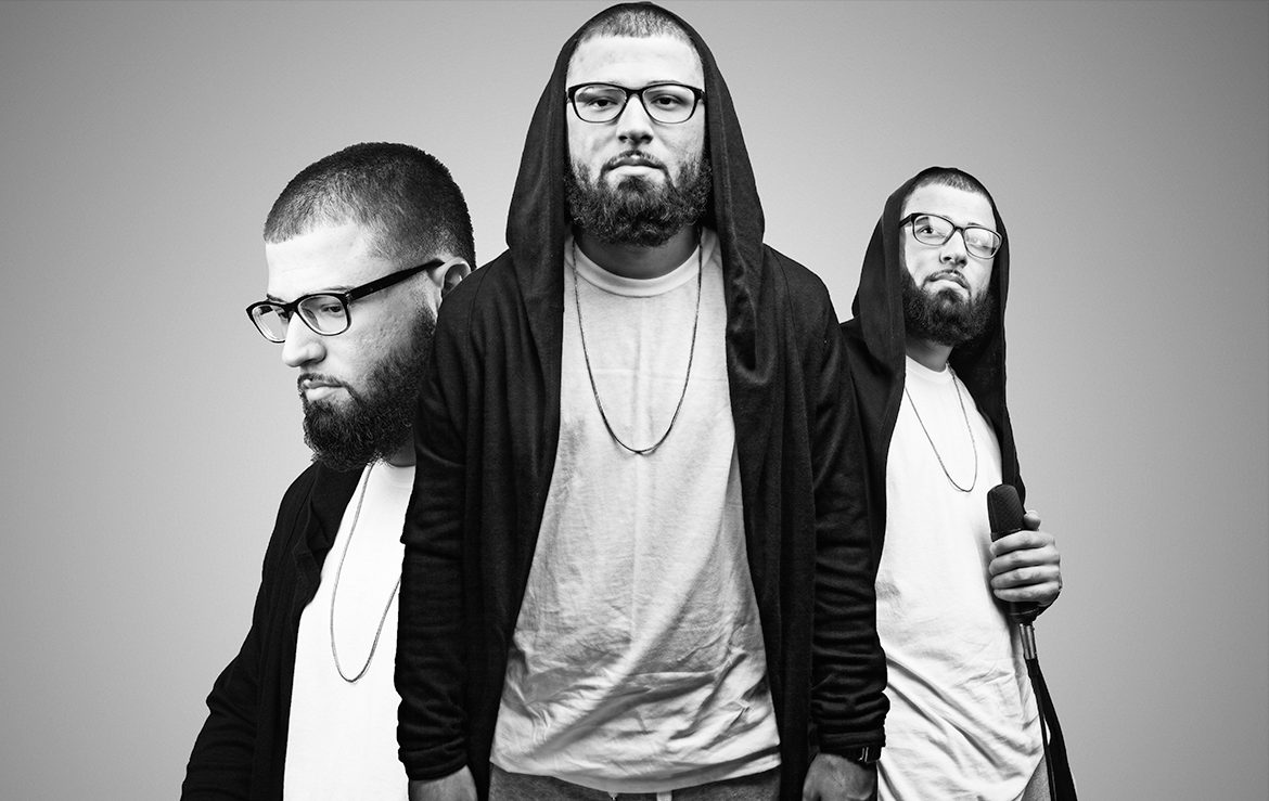 Black-and-white creative portrait of a musician